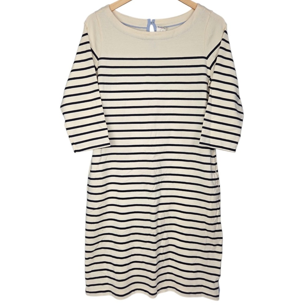 LL Bean Heritage Mariner Dress Women Small Cream Navy Stripe Stretch Pockets NEW
